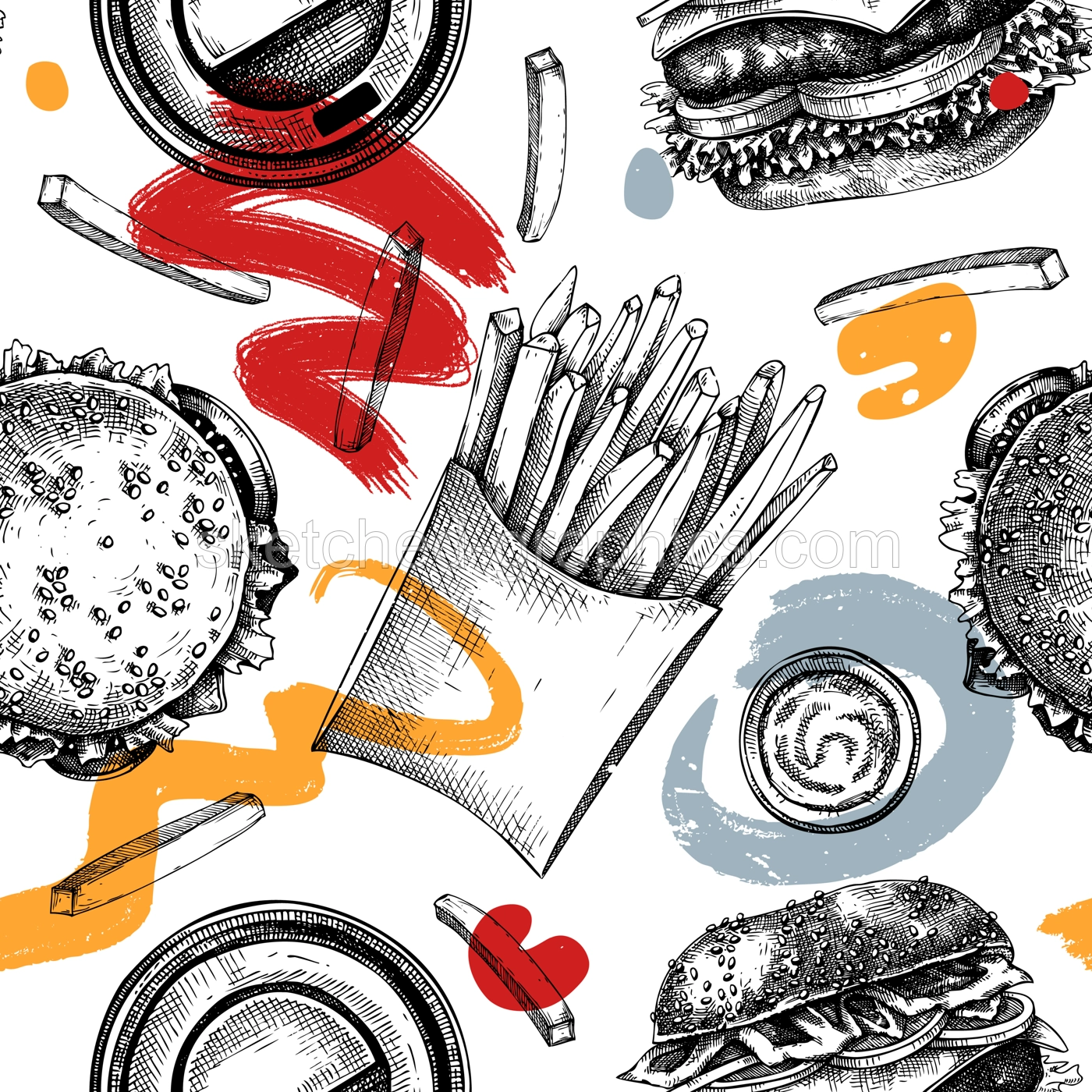 Collage-style fast food restaurant background. Street food seamless pattern. Hand drawn vector illustration. For takeaway food or delivery service. Burger, French fries, coffee sketches Illustration